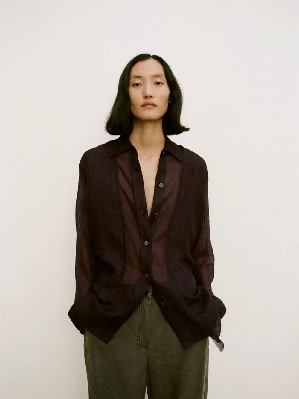 Zara Chocolate Brown Semi Sheer Textured Tie Back Blouse M